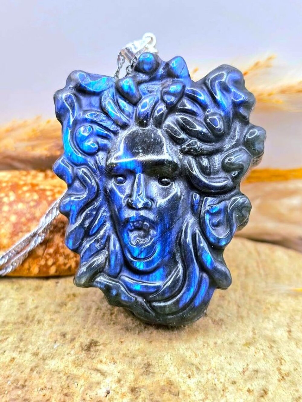 Natural Carved Labradorite Medusa Pendant Necklace 2"